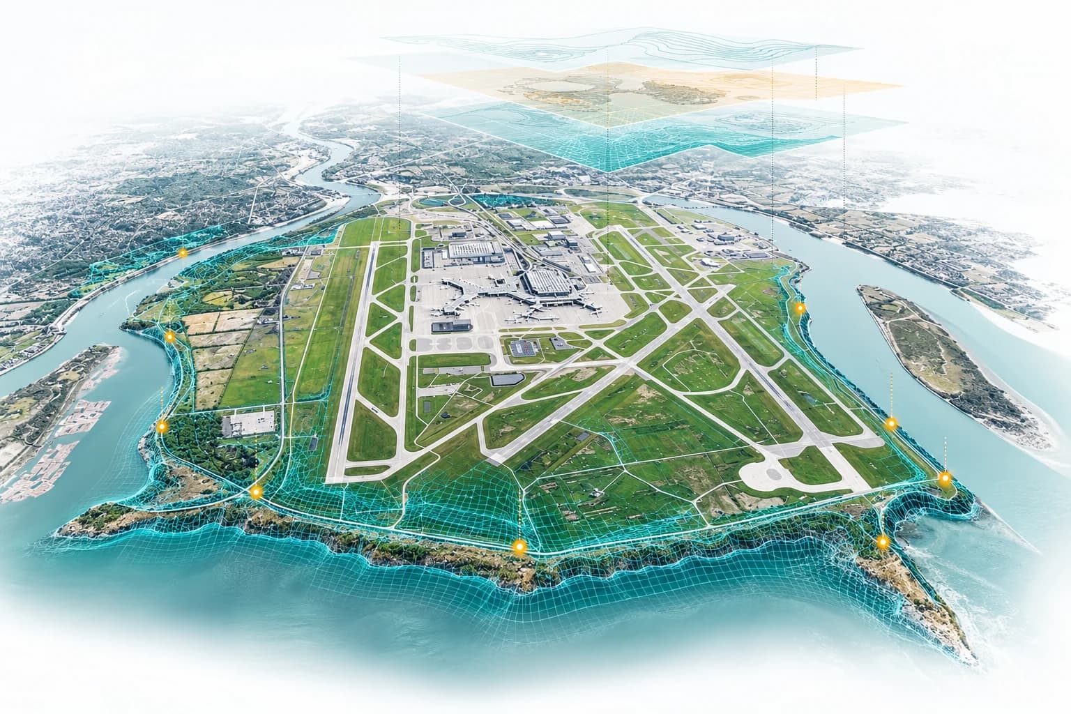 Concept van een digital twin van een luchthaven met dijk- en ondergrondinformatie