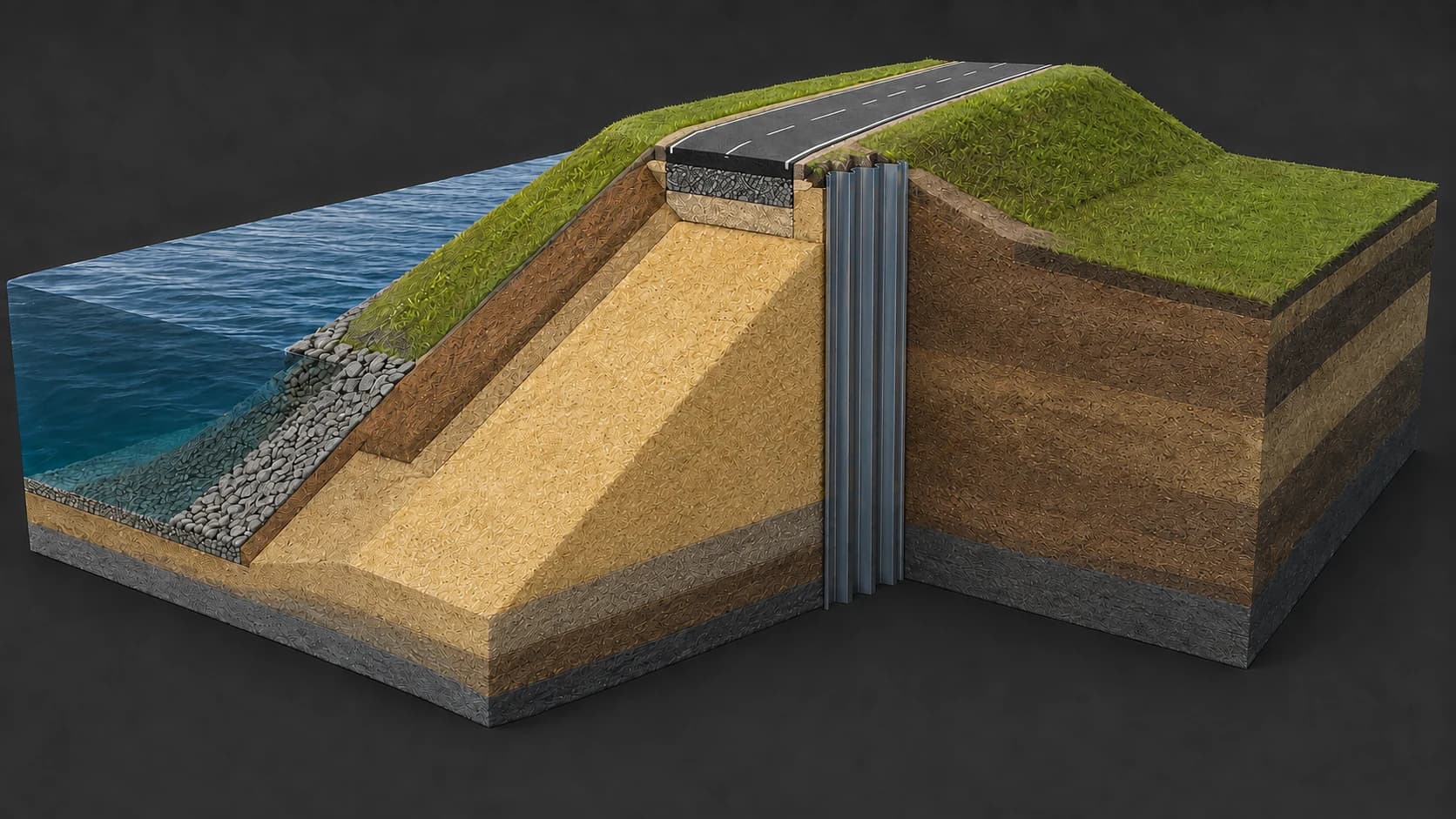 Doorsnede-illustratie van een dijk met materiaallagen en een damwand