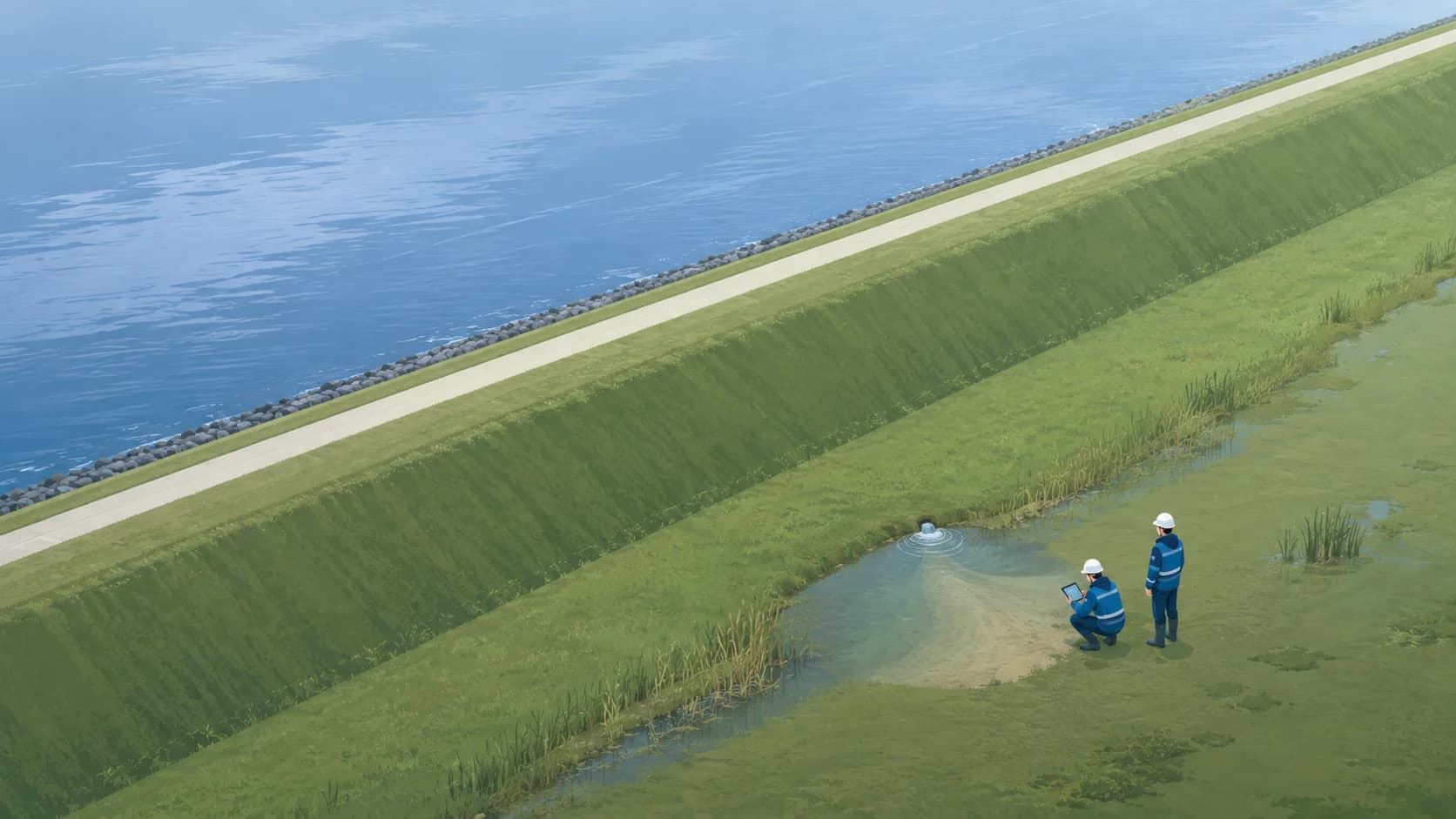 Illustratie van inspecteurs die een wel bij de teen van een dijk bekijken